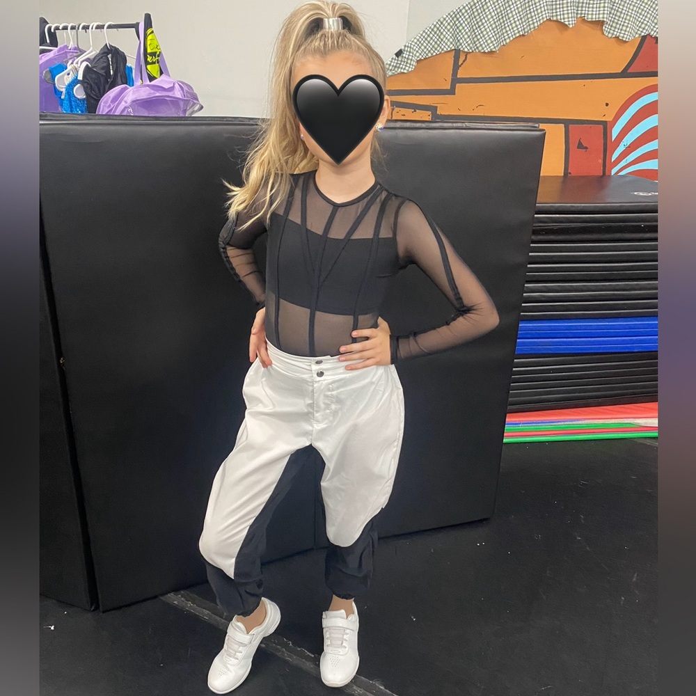 Black Sheer Top with White and Black Pants